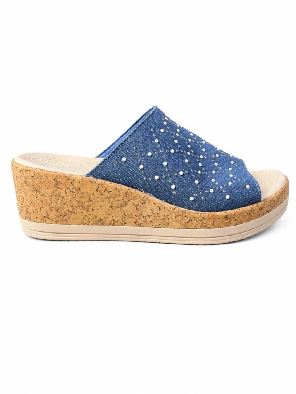 Bzees Blue Embellished Cork-Style Wedge Slide Sandals Size 6.5M